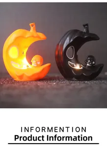Detail of moon-shaped Halloween LED lights with pumpkin cutouts and skeleton figures