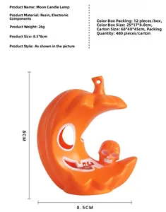 Detailed view of Halloween moon pumpkin light with skull, 8.5x8cm resin LED lamp