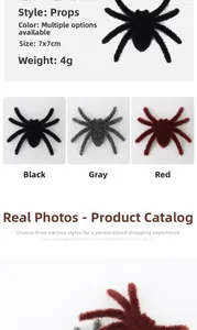 Detailed view of 7x7cm flocked Halloween spiders in black, gray, and red colors