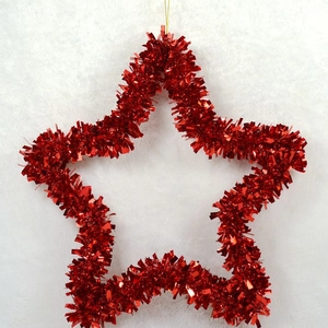 35cm red star tinsel wreath decoration with golden hanging string for Christmas decor