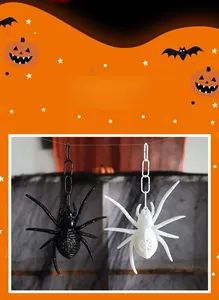 Close-up of Halloween LED hanging spider with cobweb texture for party decoration