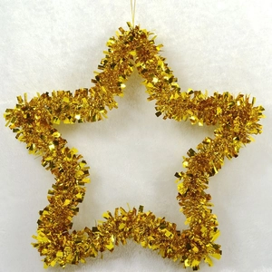 35cm gold tinsel star wreath ornament with hanging string for Christmas party decor