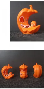 Detail view of orange moon pumpkin lamp with skull and hollowed-out face design