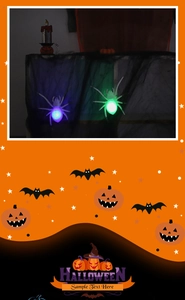 Detail of LED light-up spiders in purple and green for Halloween party decor