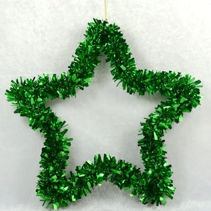 Green tinsel star Christmas wreath decoration with 35cm thick metallic shimmering finish