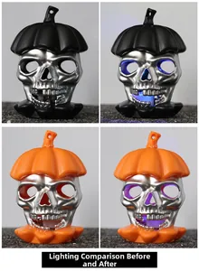 Detailed comparison of Halloween skull pumpkin LED light showing on and off lighting effects
