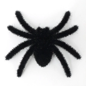 Large black flocked spider prop with realistic fur texture for Halloween outdoor decoration