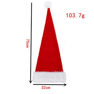 Detail showing 75cm length and 32cm width dimensions of this long plush Santa hat