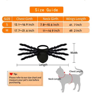 Size guide for Halloween spider costume for pets with neck and chest measurements