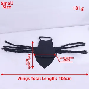 Detailed size specifications for small black plush spider pet costume with wing dimensions