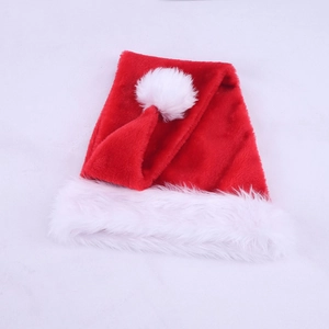 Detail of 75cm long red plush Christmas hat with fluffy white faux fur trim and pom pom