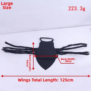 Detailed view of large black spider pet costume with fuzzy legs and size measurements