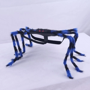 Detail of plush blue and black spider pet costume with long legs and adjustable straps