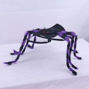 Close-up of purple and black plush spider legs with red eyes for pet Halloween costume