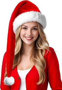 Close-up of a 75cm long plush red Christmas hat with white faux fur trim and pompom detail