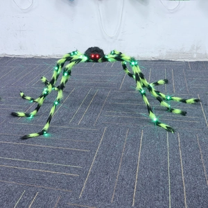 Macro detail of Halloween spider featuring glowing red eyes and green LED lights on furry legs