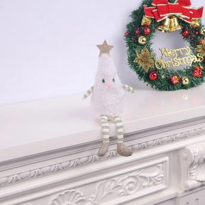 Detailed view of a white plush Christmas tree doll with golden star and striped limbs