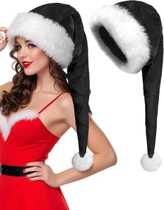 Close-up of 75cm long plush Christmas hat in black and white worn by a model