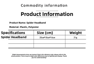 Detailed size and material chart for Halloween spider headband with 20x18x16cm dimensions