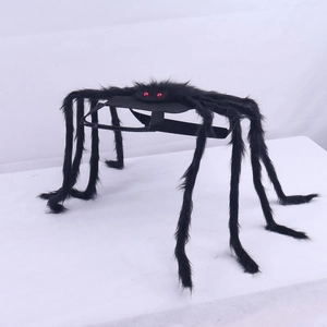 Detail of furry black spider pet costume with realistic red eyes and adjustable straps