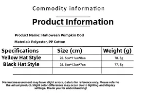 Tableau détaillé des tailles pour gnomes citrouille d'Halloween et dimensions