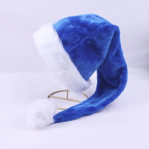 Detail of 75cm long plush Christmas hat in royal blue on a gold metal display stand