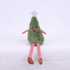 Detailed view of a green plush Christmas tree doll with striped legs and silver star topper