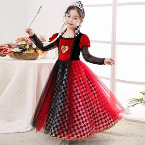 Girls Royal Heart Cosplay Costume Halloween Party Dress With Crown Wand Mesh Velvet Checkered Pattern Performance Dress