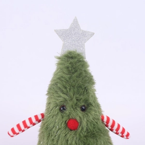 Close-up of green plush Christmas tree doll with silver star and red pom-pom nose