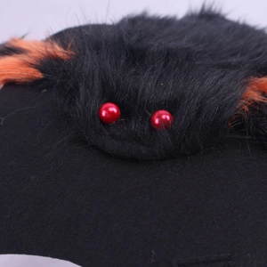 Close-up of Halloween dog spider costume with plush black fur and red bead eyes