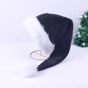 Detailed view of extra-long 75cm black plush Santa hat with white faux fur trim on a stand