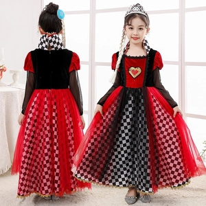 Girls' Queen of Hearts costume dress with red sequin heart and checkered mesh skirt