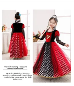 Detail of girls Queen of Hearts costume with velvet bodice and layered tulle skirt back view