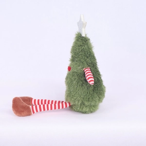 Detail of plush Christmas tree doll featuring long striped legs and silver star topper