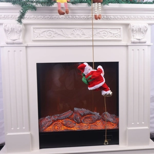 Detail of climbing Santa Claus doll on golden beads against a cozy fireplace scene