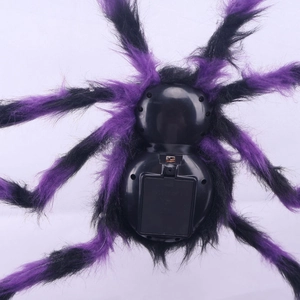 Detail view of the back battery compartment on a purple and black hairy Halloween spider