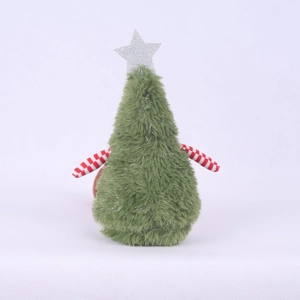 Detail of plush Christmas tree doll featuring long green fur and silver glitter star