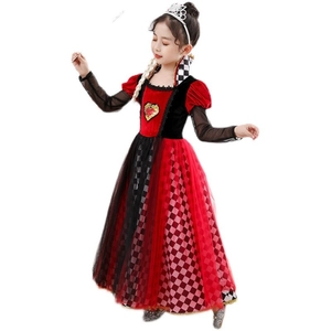 Kids Queen of Hearts costume dress with crown and wig for Halloween party