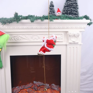 Climbing Santa Claus on golden bead chain with gift bag in front of a cozy fireplace