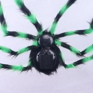 Detail view of the battery compartment and realistic black plush fur of the Halloween spider