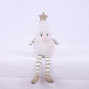 Close-up of plush white Christmas tree doll with gold star and striped legs ornament
