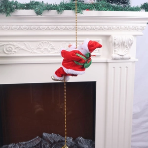 Detail of electric climbing Santa Claus plush toy on golden bead chain for Christmas decor