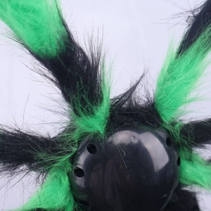 Macro shot of Halloween glowing spider featuring black and green faux fur plush textures