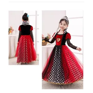 Girl Queen of Hearts costume with red bodice and checkered pattern skirt, back zipper view