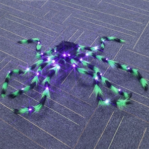 Detail of giant fuzzy spider Halloween decoration with purple LED lighting on legs