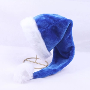 75cm long dark blue plush Christmas hat with white faux fur trim and fluffy pompom