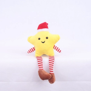 Detail of a plush Christmas star doll with a red Santa hat and striped legs on white