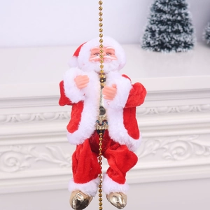 Detail of animated Santa Claus climbing bead string with golden boots for Christmas decor