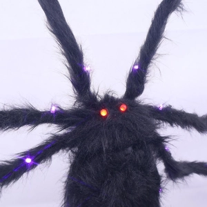 Detail of giant Halloween spider with red glowing eyes and purple LED light-up legs