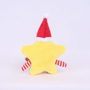 Detailed close-up of a plush star toy featuring a festive red Christmas hat and striped limbs